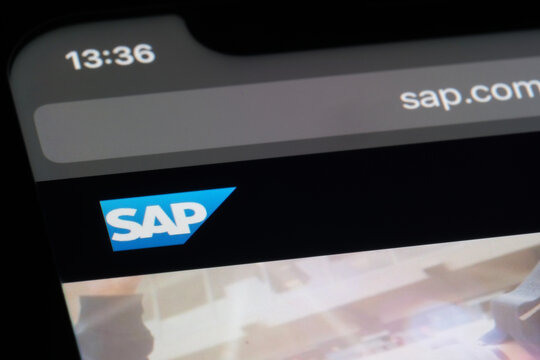 Shanghai,China-Feb. 17th 2023:close up SAP SE company brand logo on website on screen 