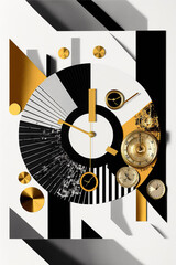 Black and White Mixed Media Clock Time Collage with Gold Highlights Generative AI