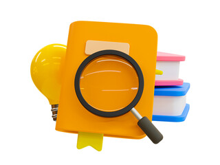 3d minimal learning concept. educational equipment. Reading a book to get a new idea. Knowledge seeking. Textbook with a light bulb and magnifying glass. 3d rendering illustration.
