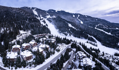 Alpine homes on hill, Whistler Mountain, aerial footage, winter scene, log cabin, luxury vacation...
