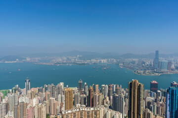 A view of the Victoria harbour from the Peak, Central, in Hong Kong. Overseeing both Hong Kong Island's, as well as Kowloon's, business district. 