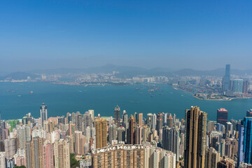 A view of the Victoria harbour from the Peak, Central, in Hong Kong.  Overseeing both Hong Kong Island's, as well as Kowloon's, business district.  