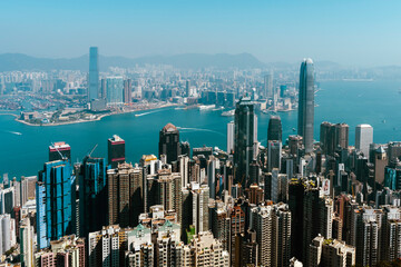 A view of the Victoria harbour from the Peak, Central, in Hong Kong.  Overseeing both Hong Kong...