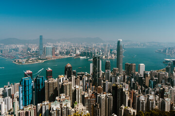 A view of the Victoria harbour from the Peak, Central, in Hong Kong.  Overseeing both Hong Kong...