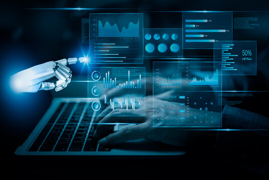 Artificial intelligence AI research of robot and cyborg development business intelligence dashboard Big data diagram graph virtual screen. economic analysis and investment finance and marketing.