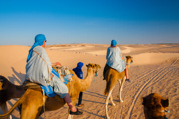 Camels caravan going in sahara desert in Tunisia, Africa - obrazy, fototapety, plakaty