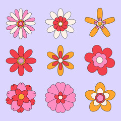 Set of flowers in groovy style retro vector design