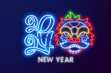 2024 Happy Chinese New Year neon greetings card, flyers, poster in retro. Vector. Chinese New Year sign with neon dragon for new year emblem, bright signboard, light banner.