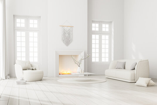 Modern style white living room Furnished with a minimal fireplace with flames and white fabric furniture 3d render The room has a parquet floor and white window overlooking bright background