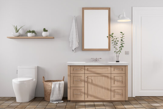 Modern contemporary style bathroom with brown terracotta tile floors 3d render, there are white walls decorated with wooden counter sink and a wooden shelf on the wall for placing potted plants