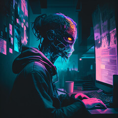 hacker wearing a mask with a neon-lit interface that obscures their face while they work on their computer in a dimly-lit room with Generative AI technology
