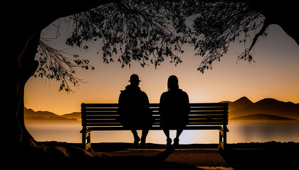 Fototapeta na wymiar Friends sitting on a wooden bench watching the sunset. Generative AI