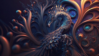 Obraz premium Cool, Epic, Artistic, Beautiful, and Unique Illustration of Peacock Animal Cinematic Adventure: Abstract 3D Wallpaper Background with Majestic Wildlife and Futuristic Design (generative AI)