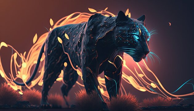 Cool, Epic, Artistic, Beautiful, and Unique Illustration of Panther Animal Cinematic Adventure: Abstract 3D Wallpaper Background with Majestic Wildlife and Futuristic Design (generative AI)