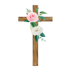 Watercolor cross decorated with flowers, Easter religious symbol