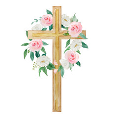 Obraz premium Watercolor cross decorated with flowers, Easter religious symbol