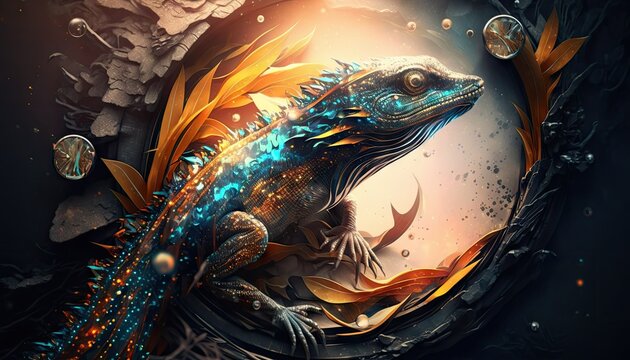 Cool, Epic, Artistic, Beautiful, and Unique Illustration of Skink Animal Cinematic Adventure: Abstract 3D Wallpaper Background with Majestic Wildlife and Futuristic Design (generative AI)