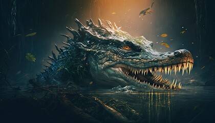 Cool, Epic, Artistic, Beautiful, and Unique Illustration of Alligator Animal Cinematic Adventure: Abstract 3D Wallpaper Background with Majestic Wildlife and Futuristic Design (generative AI)