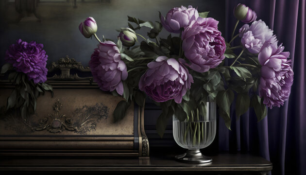 still life oil painting of purple peony flowers in a vase on opulent piano, generative ai	