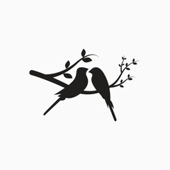 Fototapeta na wymiar Birds Couple Silhouette on Branch Vector, Birds in love Silhouette, Wall Decals, Couple of Birds in Love, Art Decoration, Birds Silhouette on branch isolated on white background, romantic