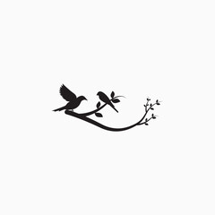Birds Couple Silhouette on Branch Vector, Birds in love Silhouette, Wall Decals, Couple of Birds in Love, Art Decoration,  Birds Silhouette on branch isolated on white background, romantic