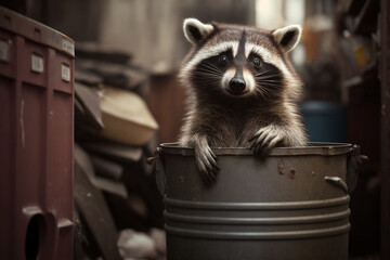 a raccoon standing on its hind legs, peering into a garbage can Generative AI - obrazy, fototapety, plakaty