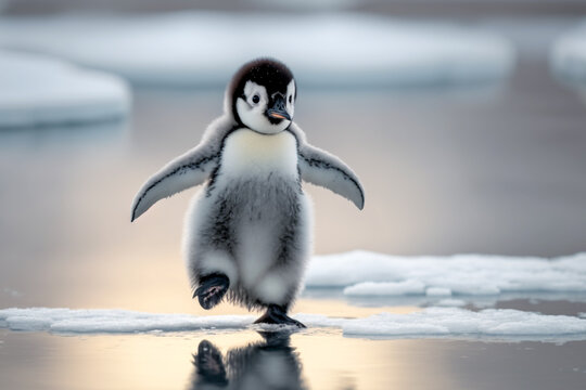 a baby penguin waddling across the ice, with its wings outstretched for balance Generative AI