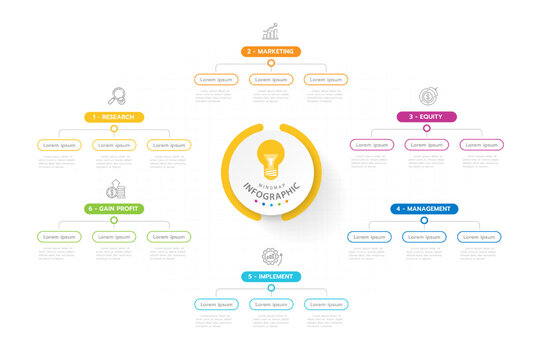 Infographic template for business. 6 Steps Modern Mindmap diagram with topics, presentation vector infographic.