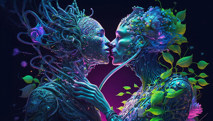 3d illustration digital painting of surreal and psychedelic a biomechanical hybrid of couple. Fit for cover, background, banner, wallpaper, social media, advertisment, backdrop. Valentine day template
