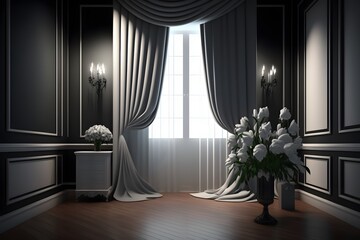 empty room with black curtains created using AI Generative Technology