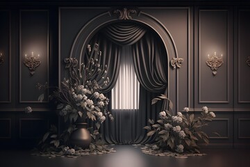 empty room with black curtains created using AI Generative Technology