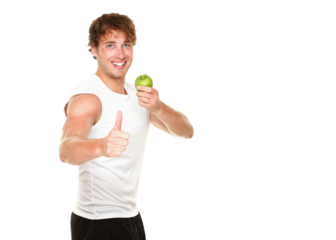 Healthy fitness man eating apple showing thumbs up success sign for weight loss. Young muscular sporty fit man isolated cutout PNG on transparent background.