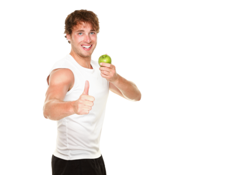 Healthy fitness man eating apple showing thumbs up success sign for weight loss. Young muscular sporty fit man isolated cutout PNG on transparent background. - Powered by Adobe
