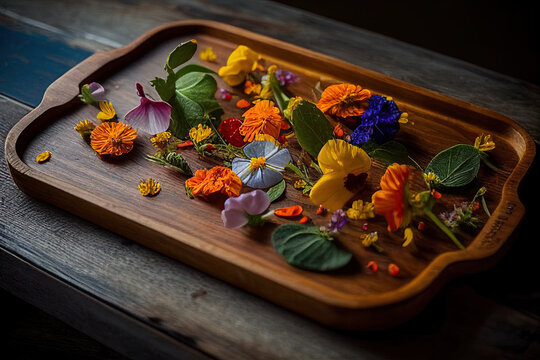 A vibrant bouquet of edible flowers like nasturtiums and calendula, arranged on a rustic wooden tray. Generative AI