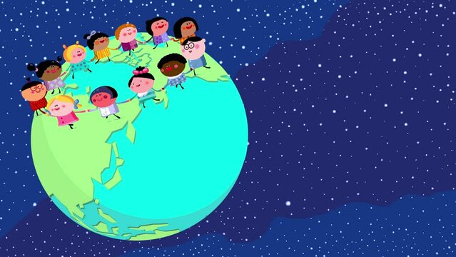 Children different nations dancing in a circle on rotating earth. They are holding their hands. Happy cartoon animation background, with many characters. Space and pulsing stars. Seamless loop.