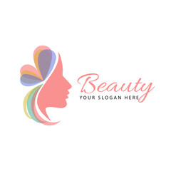 Obraz premium Beauty logo with woman face, hair and colourful butterfly perfect for salon, spa, therapy, beauty care and cosmetic brandt