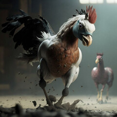 Two Roosters Fighting - One in Foreground, One in Background (Generated by Artificial Intelligence)