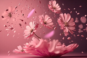  delicate petals of a pink flower in vibrant focus, with a soft and dreamy light pink background. The petals are in full bloom and appear to burst open, creating a visually striking Generative AI