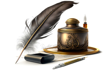 A feather quill and inkwell isolated on white background , illustration - Generative AI - obrazy, fototapety, plakaty