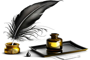 A feather quill and inkwell isolated on white background , illustration - Generative AI