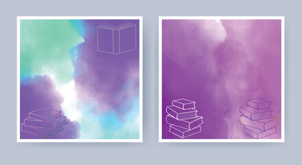 World book day. Stack of colorful books watercolor background