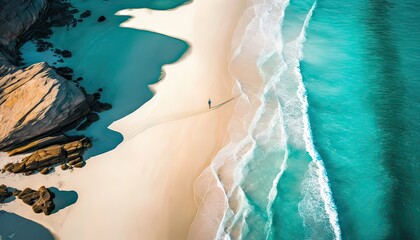 Aerial pic of aquamarine ocean, man on Australian sandbar beach. Photo generative AI
