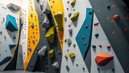 Indoor artificial rock climbing walls with coloured holds. Photo generative AI - obrazy, fototapety, plakaty
