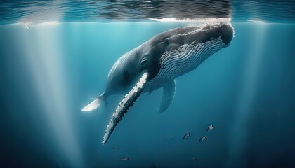 Playful Humpback whale swimming in clear blue ocean with bubbles. Photo generative AI