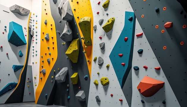 Indoor artificial rock climbing walls with coloured holds. Photo generative AI