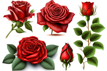 set of red roses isolated on white background - Generative AI