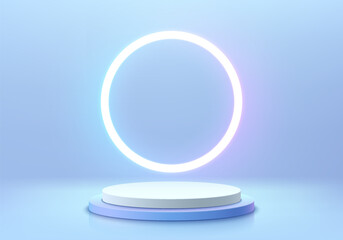 futuristic 3D blue hologram background with realistic cylinder pedestal podium, Glowing neon light circle ring. minimal wall scene mockup product display. Abstract geometric platforms. Stage showcase.