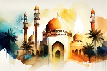 Watercolor Masjid Islamic Mosque for Ramadhan Kareem, Eid Al Fitr, Eid Adha Illustration with Generative AI