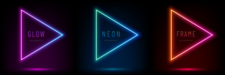 Set of pink-blue, red-purple, green illuminate neon triangle frames. Play sign. Abstract cosmic vibrant color geometric design. Collection of glowing neon lighting lines on top view dark background. © Riseness