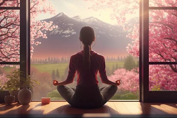 Foto op Canvas Healthy wellness woman yoga breathing meditating in lotus position. Generative AI © AI Farm